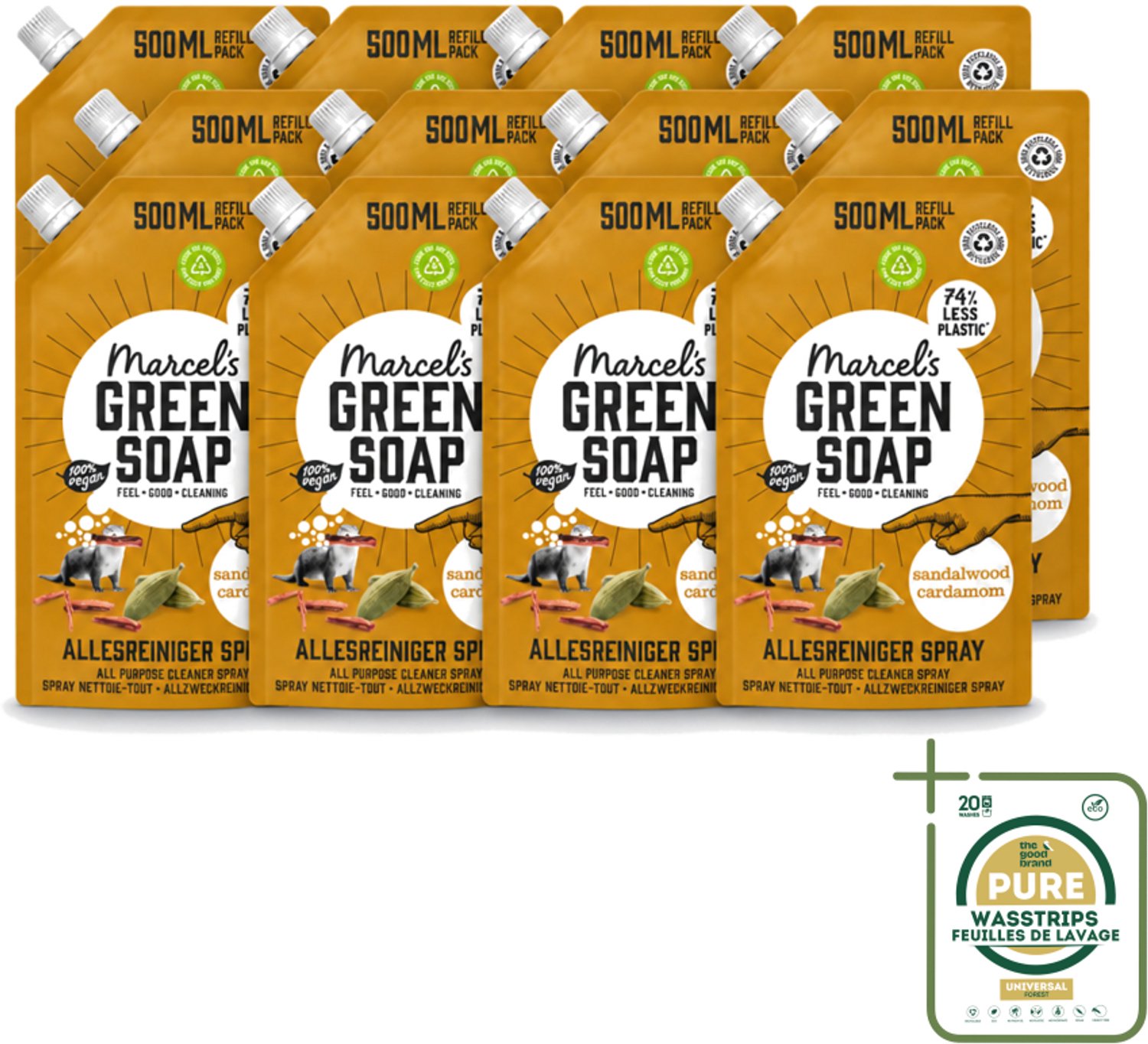 12 x Marcel's Green Soap - Allesreiniger Spray - Navulling - Sandelhout & Kardemon - Frisse reiniging - 500 ml - Wasstrips - Allesreiniger Spray - Natuurlijke Reiniger - Sandelhout En Kardemom - Milieuvriendelijke Reiniger - Biologisch Afbreekbaar