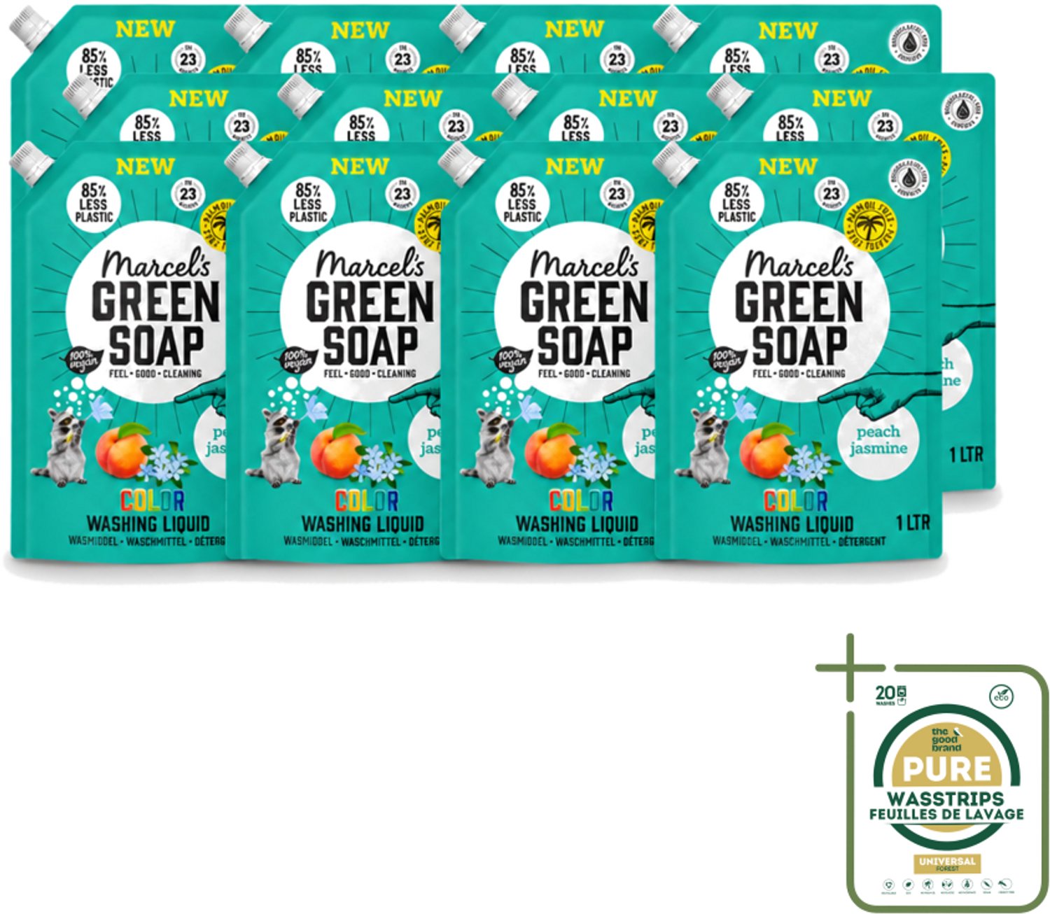 12 x Marcel's Green Soap - Vloeibaar Wasmiddel - Kleur - Navulling - Perzik & Jasmijn - Effectief & natuurlijk - 23 Wasbeurten - 1 liter - Wasstrips - Wasmiddel - Geur - Duurzaam Wasmiddel - Geur Perzik En Jasmijn - Navulwasmiddel