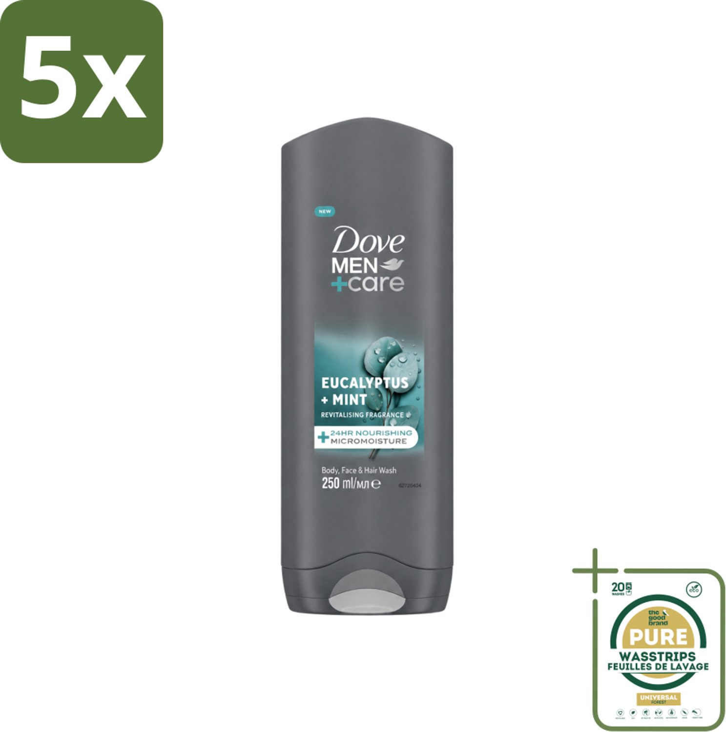5 x Dove Men+Care Douchegel - Eucalyptus & Mint - 250 ml - Wasstrips - Douchegel Voor Mannen - Hydraterend Douchegel - 3-in-1 Douchegel - Lichaam En Gezicht Douchegel - Eucalyptus En Munt Douchegel