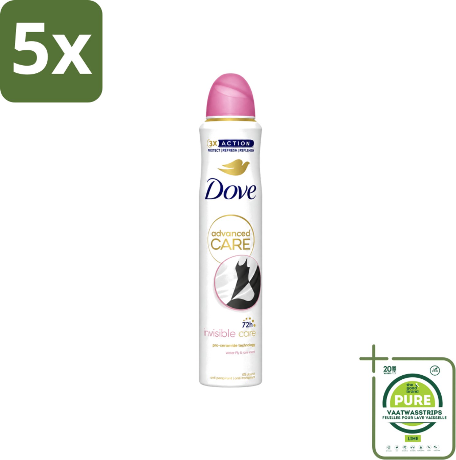 5 x Dove Deodorant Spray - Invisible Care - 200 ml - Grootverpakking - Vaatwasstrips - Dove Deodorant Spray - Onzichtbare Bescherming - Anti-transpirant - Zweetbehandeling - Geurbeleid