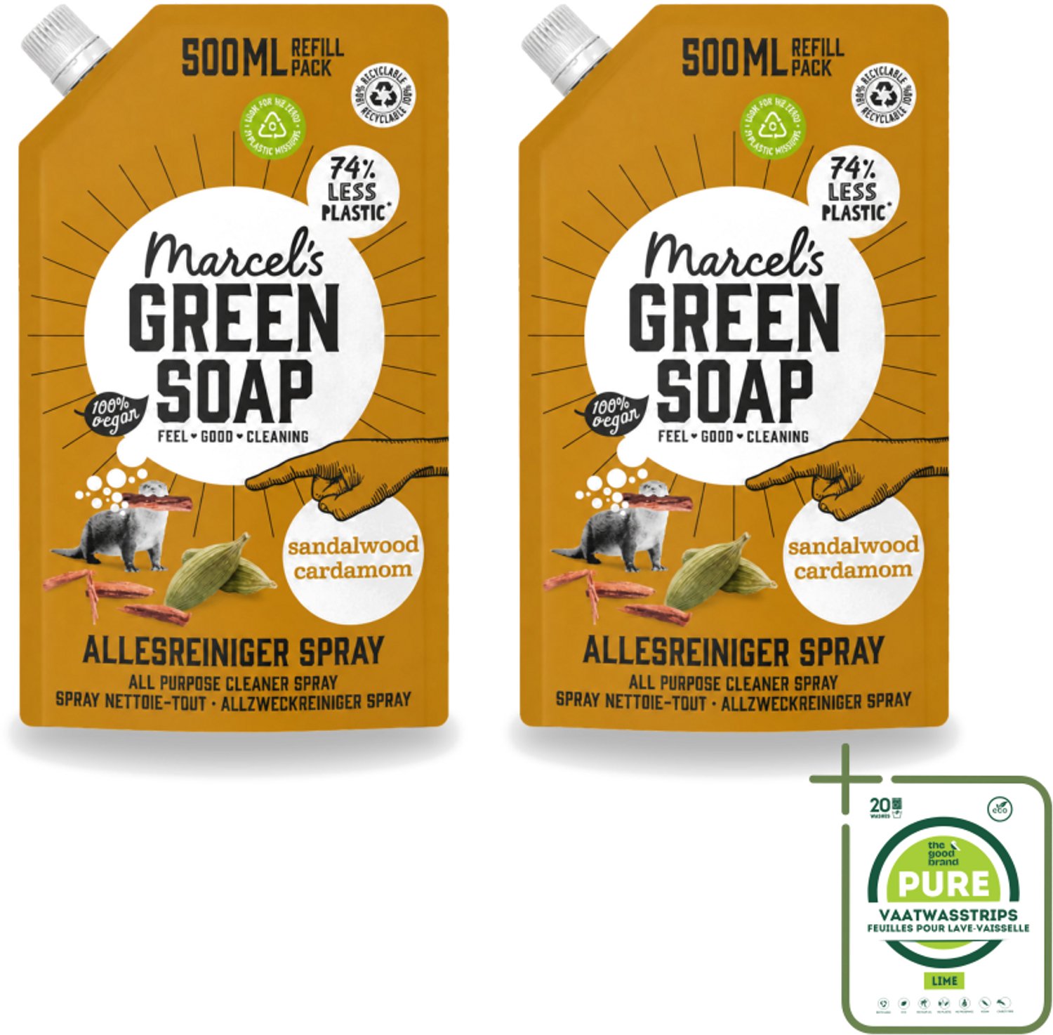2 x Marcel's Green Soap - Allesreiniger Spray - Navulling - Sandelhout & Kardemon - Frisse reiniging - 500 ml - Grootverpakking - Vaatwasstrips - Allesreiniger Spray - Natuurlijke Reiniger - Sandelhout Geur - Kardemom Geur - Biologisch Afbreekbaar