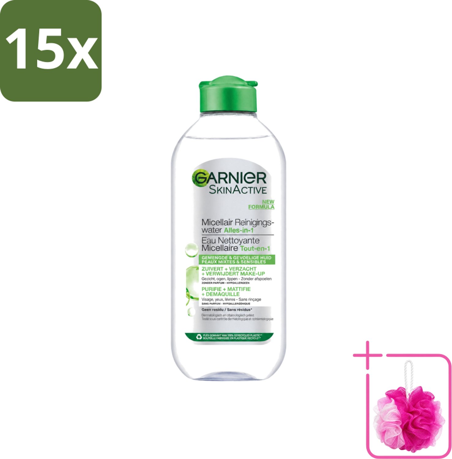 15 x Garnier - SkinActive - Micellair Reinigingswater - Gemengde & Gevoelige huid - Verzachtend & Reinigend - 400 ml - Bulkverpakking - Micellair reinigingswater - Douchemop - Vette huid