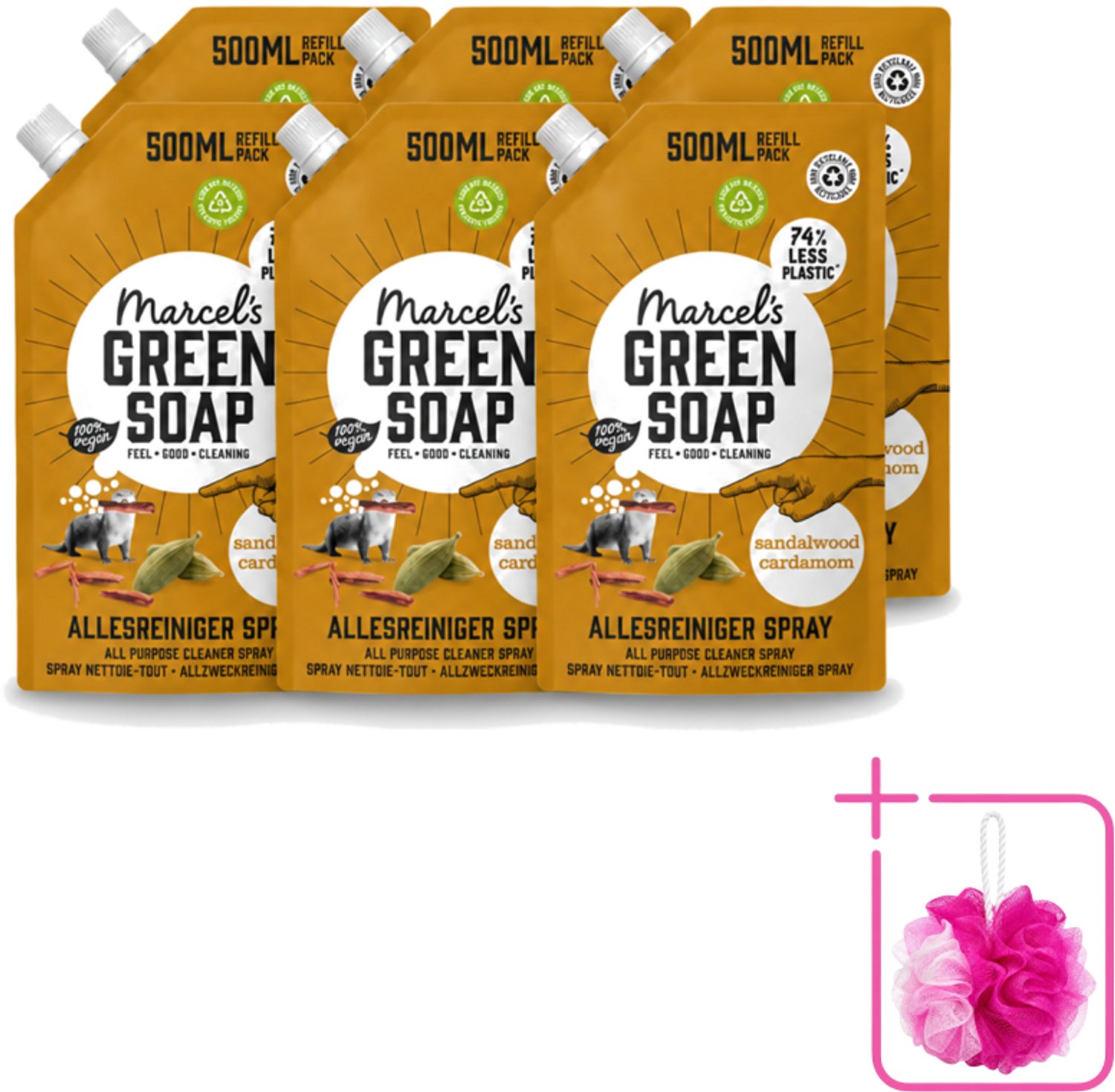 6 x Marcel's Green Soap - Allesreiniger Spray - Navulling - Sandelhout & Kardemon - Frisse reiniging - 500 ml - Bulkverpakking - Allesreiniger spray - Douchemop - Natuurlijke reiniger