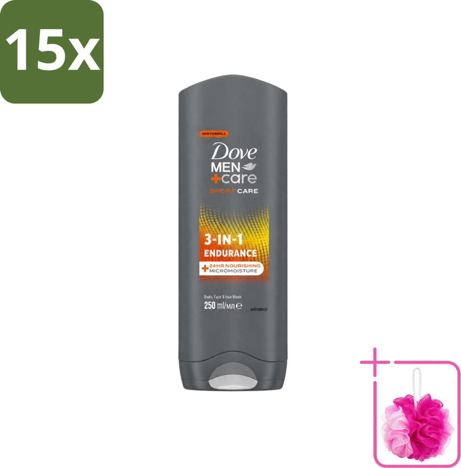 15 x Dove Men+Care 3-in-1 Douchegel - Sport - 250 ml - Bulkverpakking - Sportverzorging - Douchemop - Lichaamverzorging