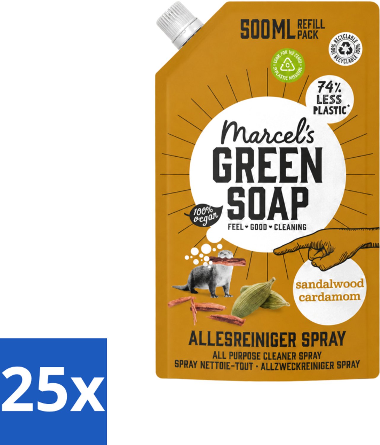 25 x Marcel's Green Soap - Allesreiniger Spray - Navulling - Sandelhout & Kardemon - Frisse reiniging - 500 ml - Voordeelverpakking - 25 stuks