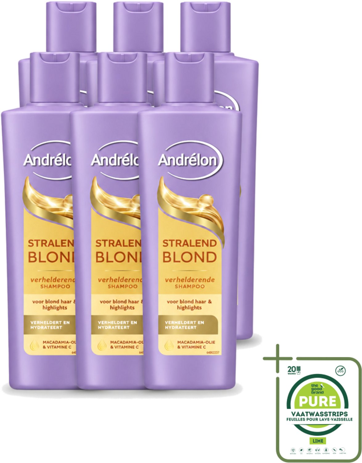 6 x Andrélon – Shampoo – Stralend Blond – 250 ml - Grootverpakking - Vaatwasstrips - Blond Haar - Glans - Highlights - Stralend Blond Haar - Blonde Kleur