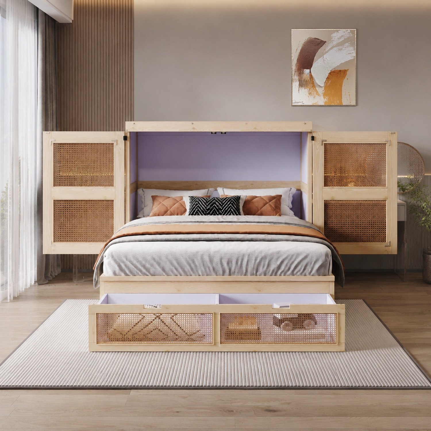 WUVRIE Opklapbed 140x200 cm - Met lattenbodem en lades - Rotanlook - Naturel Naturel houtkleur