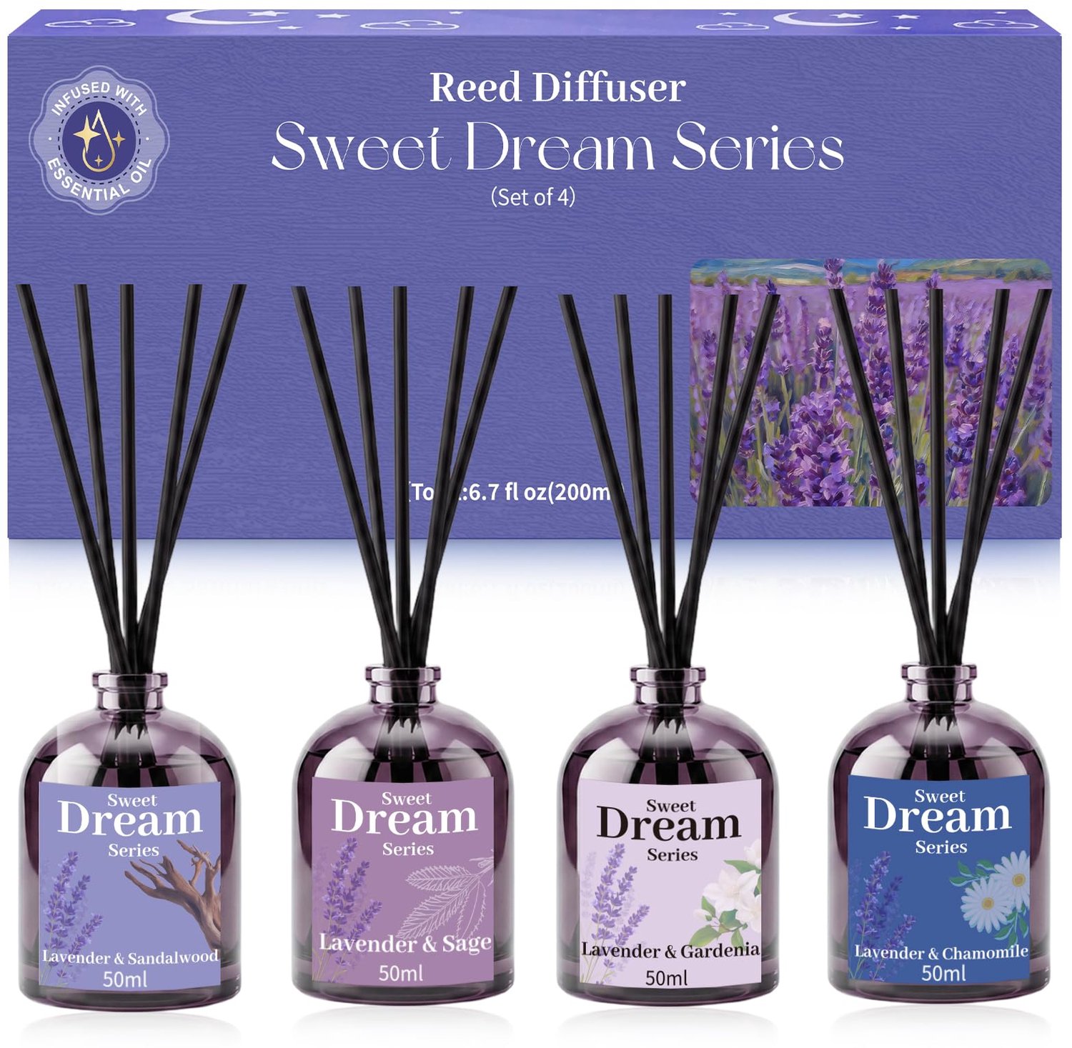 Luxe Geurdiffuser Set 4 x 50ml - Gardenia, Salie, Kamille en Sandelhout