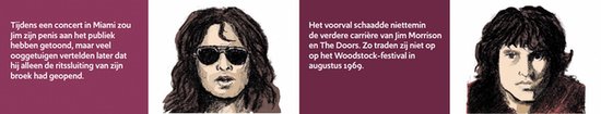 Illustraties van Jim Morrison met tekst over concertincidenten in Miami en het Woodstock-festival.