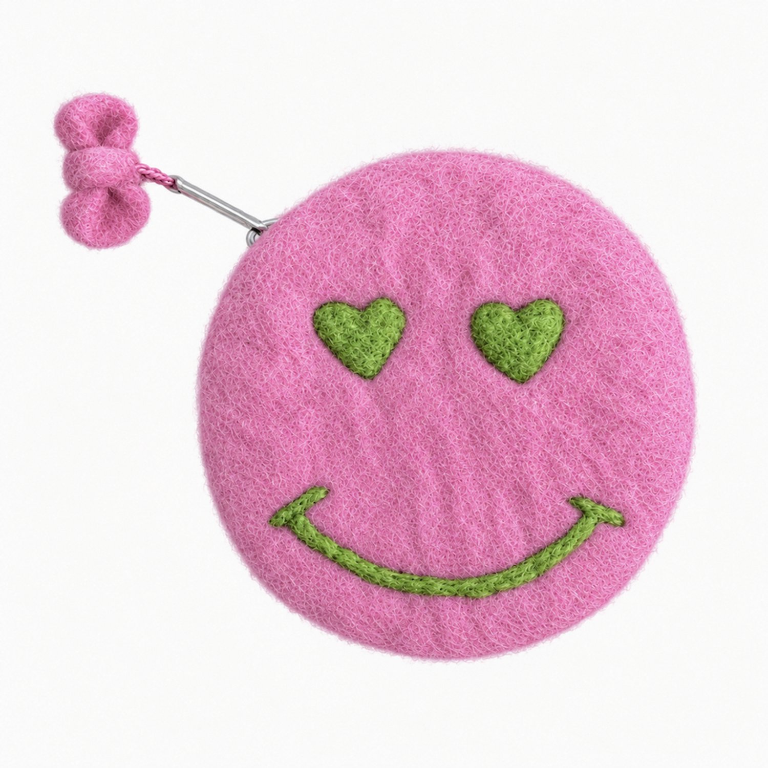 Luna-Leena portemonnee smiley - roze met groen - rond 11ø cm - 1 vak met rits - wol vilt - handgemaakt in Nepal - kids wallet - retro cadeau - verjaardag - sinterklaascadeau - kinderportemonnee