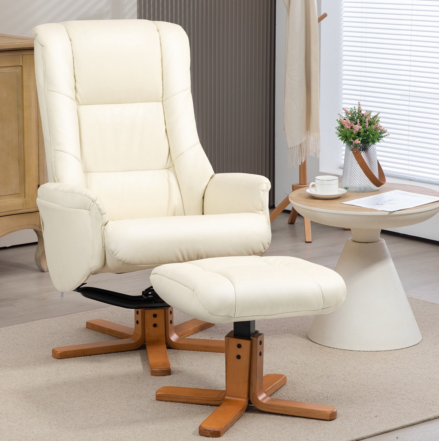 MIVRAY Relaxfauteuil 71 x 84 x 102 cm - Rugleuning tot 135 Graden en Wiegfunctie met Hocker - Voor de Woonkamer - Kunstleer en Hout - Crèmewit