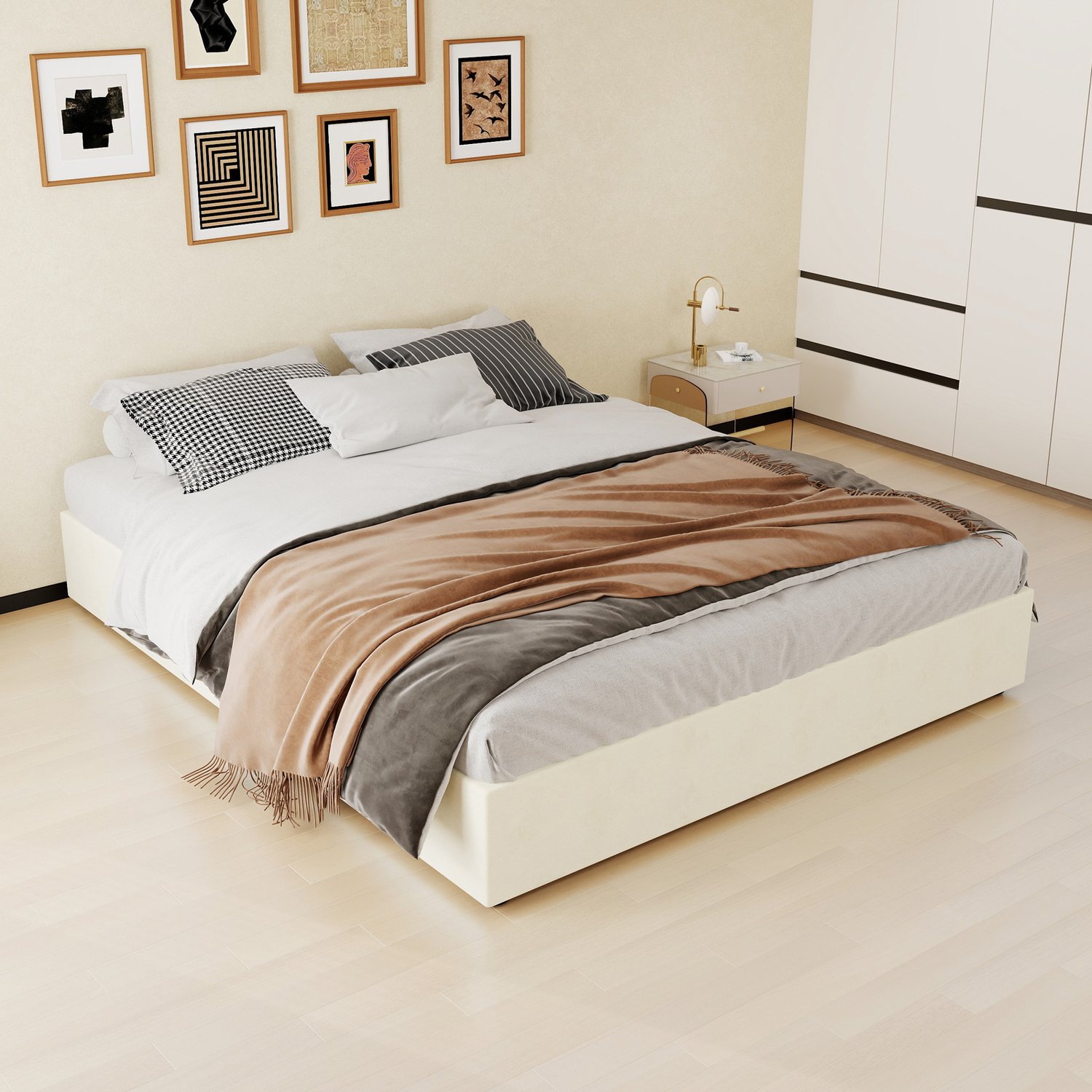 WUVRIE Gestoffeerd bedframe 160x200 cm - Met gasveren en lattenbodem - Zonder hoofdbord - Beige Wit