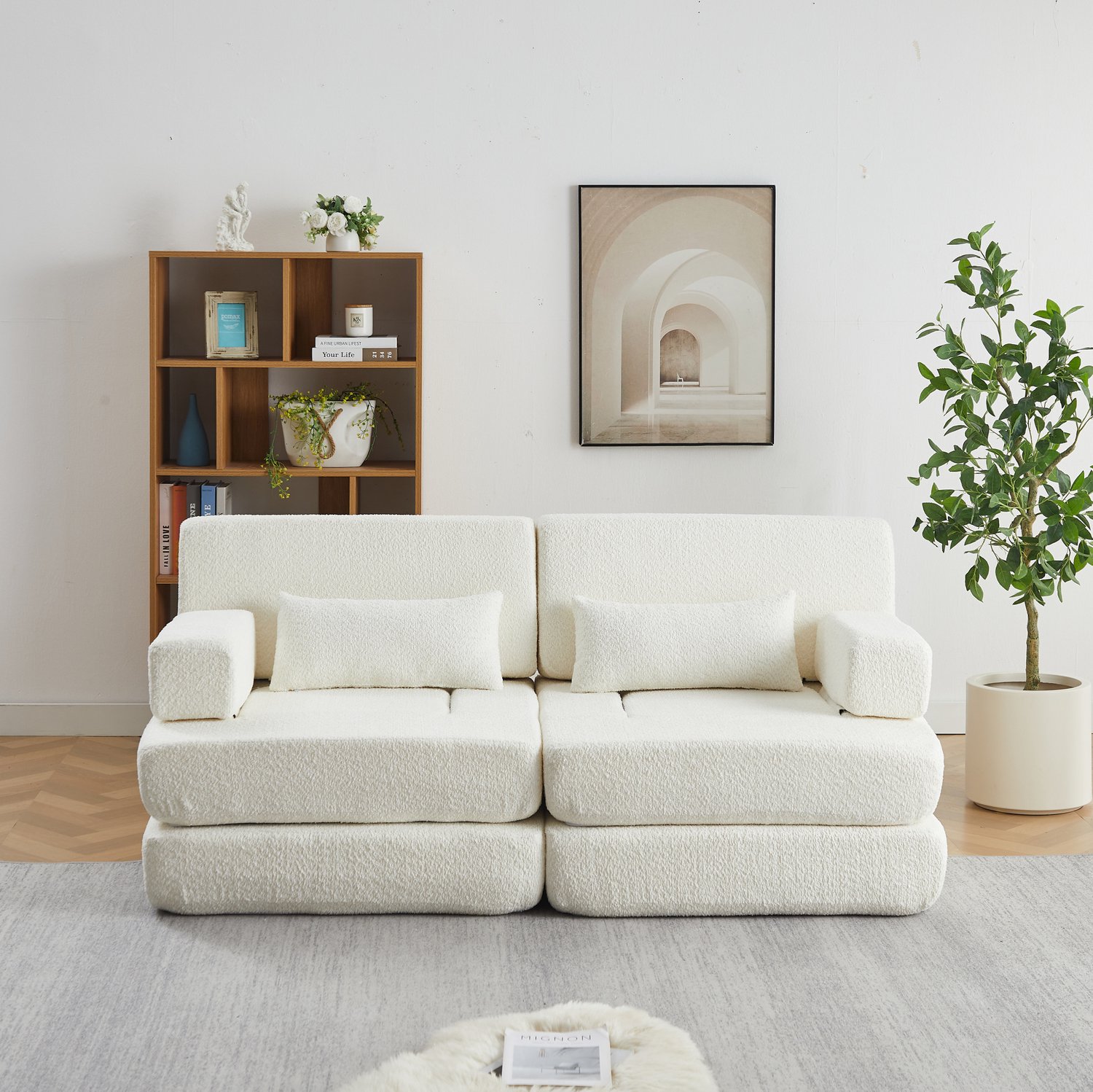 MIVRAY Slaapbank 182 x 90 x 80 cm - Modulaire Bank en Logeerbed - Voor Woonkamer, Slaapkamer en Kantoor - Chenille en IJzer - Beige