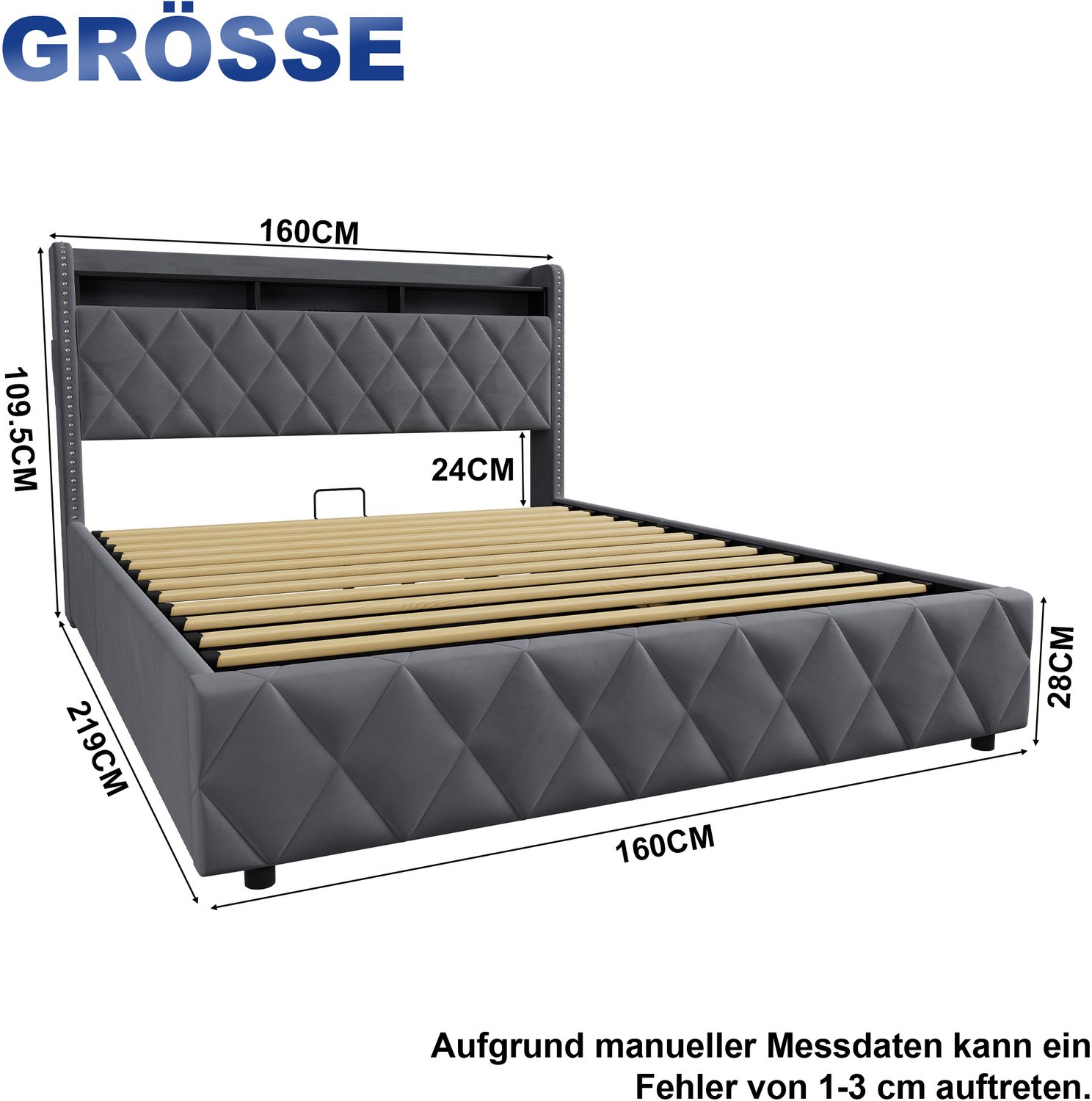 HAUSS SPOLE Gestoffeerd Bed 160x200cm - LED Verlichting en USB Oplaadpunten - Hydraulische Opbergruimte - Zonder Matras - Fluweel - Donkergrijs