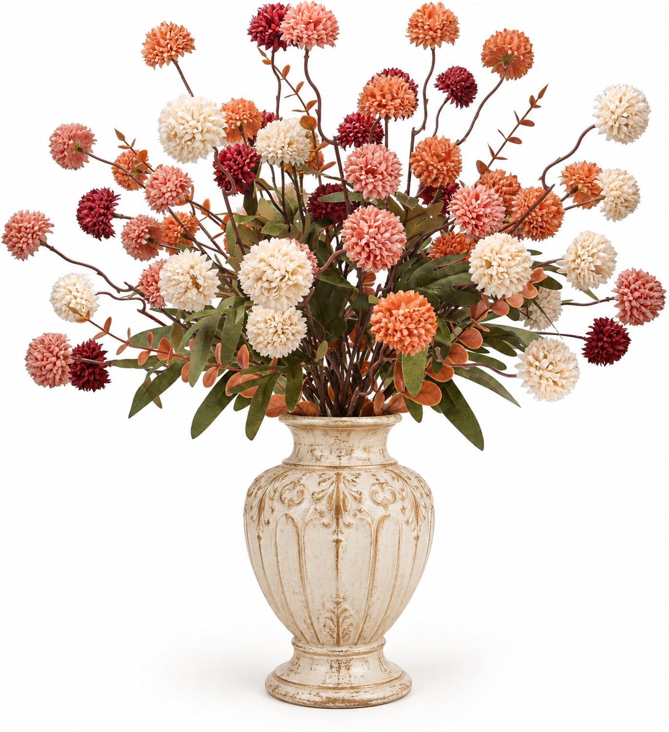 Lifhelpe Herfstdecoratie Kunstbloemen 18 Stuks – Kunstchrysanten en Eucalyptus Takken – 52 cm – Herfstboeket voor DIY Bloemstukken en Tafeldecoratie – Zonder Vaas