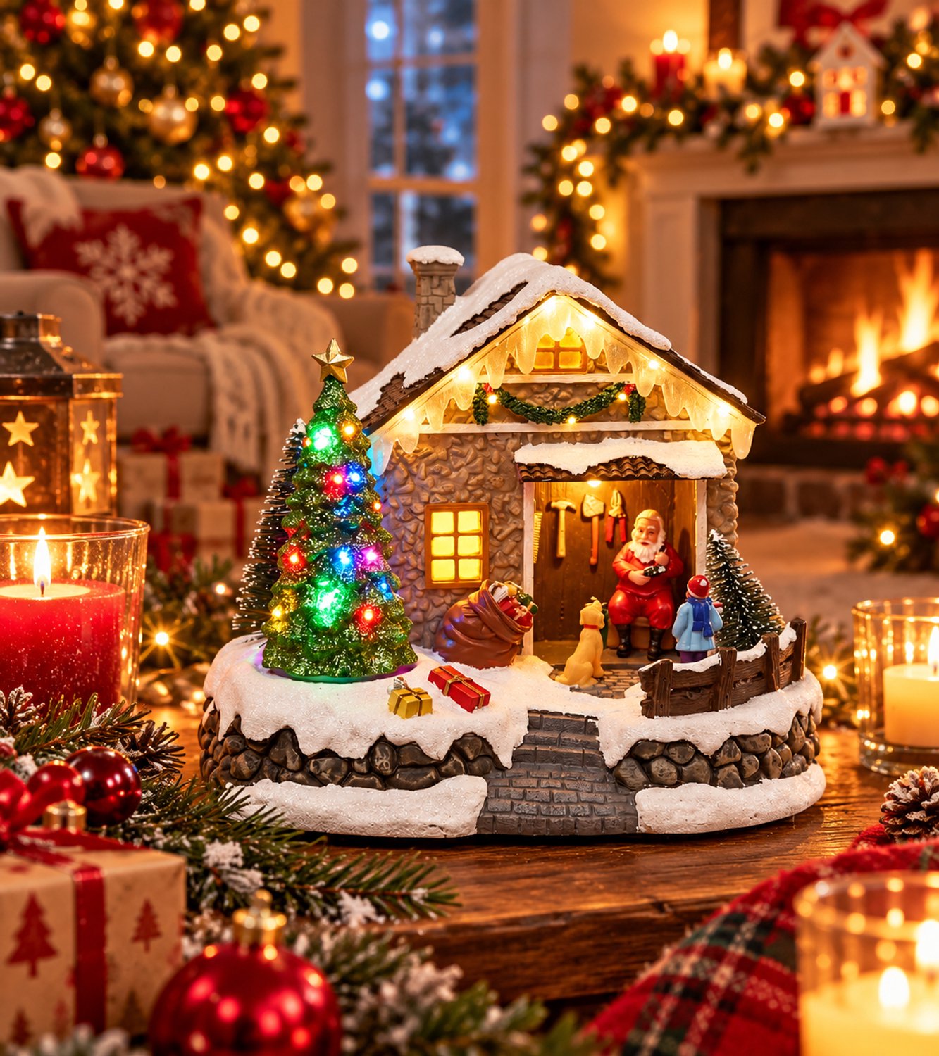 Gxmas Kerstdorp Kersthuisje met LED Verlichting en Beweging - 20 cm - Kerstman met Kerstboom - Kerstdorp Decoratie - Kerstversiering op Batterijen – foto 5