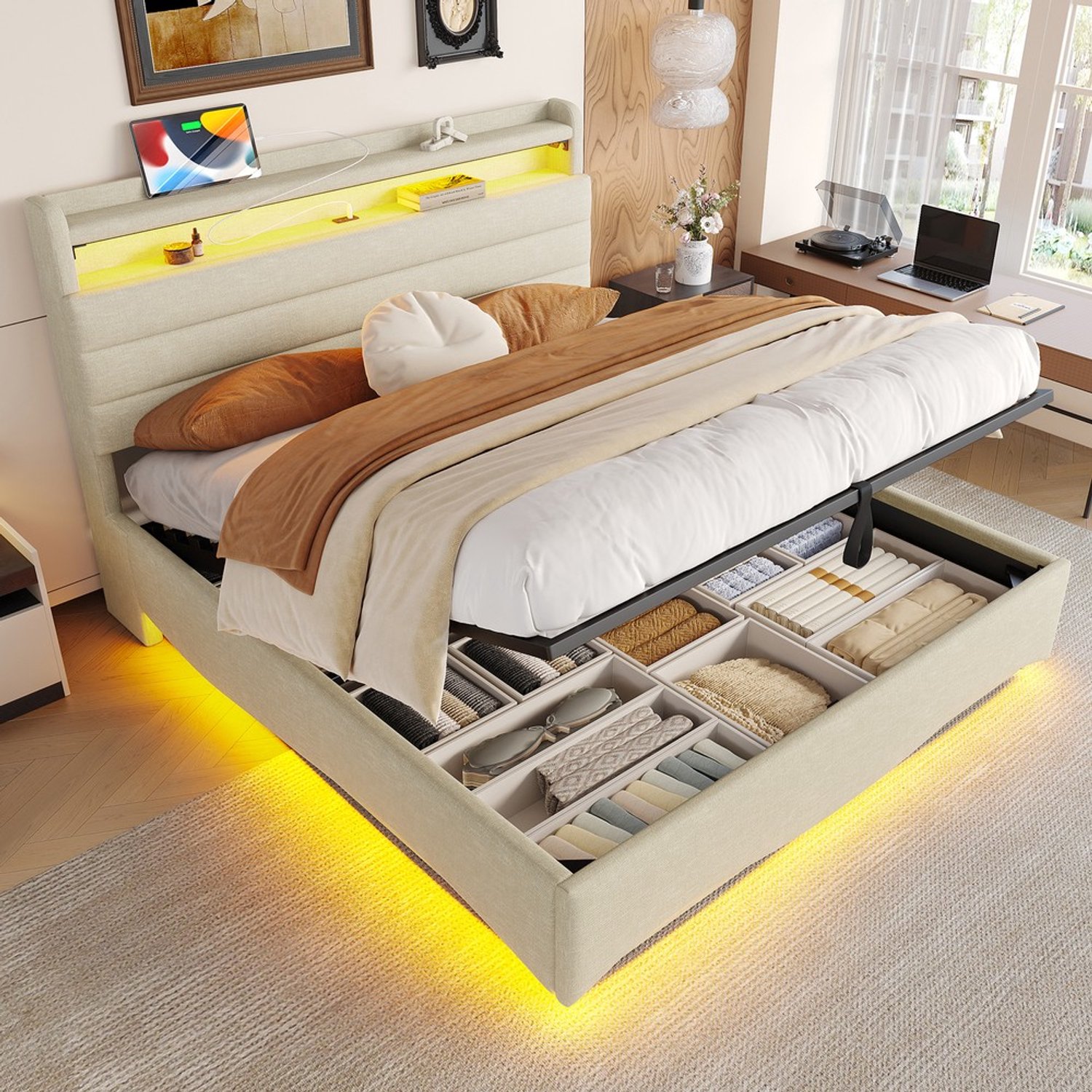 KOMHTOM Gestoffeerd bed - 140x200 cm - Linnen - PU - Beige - LED-verlichting - Opbergruimte - Hydraulisch - USB-aansluiting