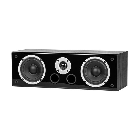 Zwarte Wilson center luidspreker zonder frontpaneel, met twee woofers en een centraal geplaatste tweeter.