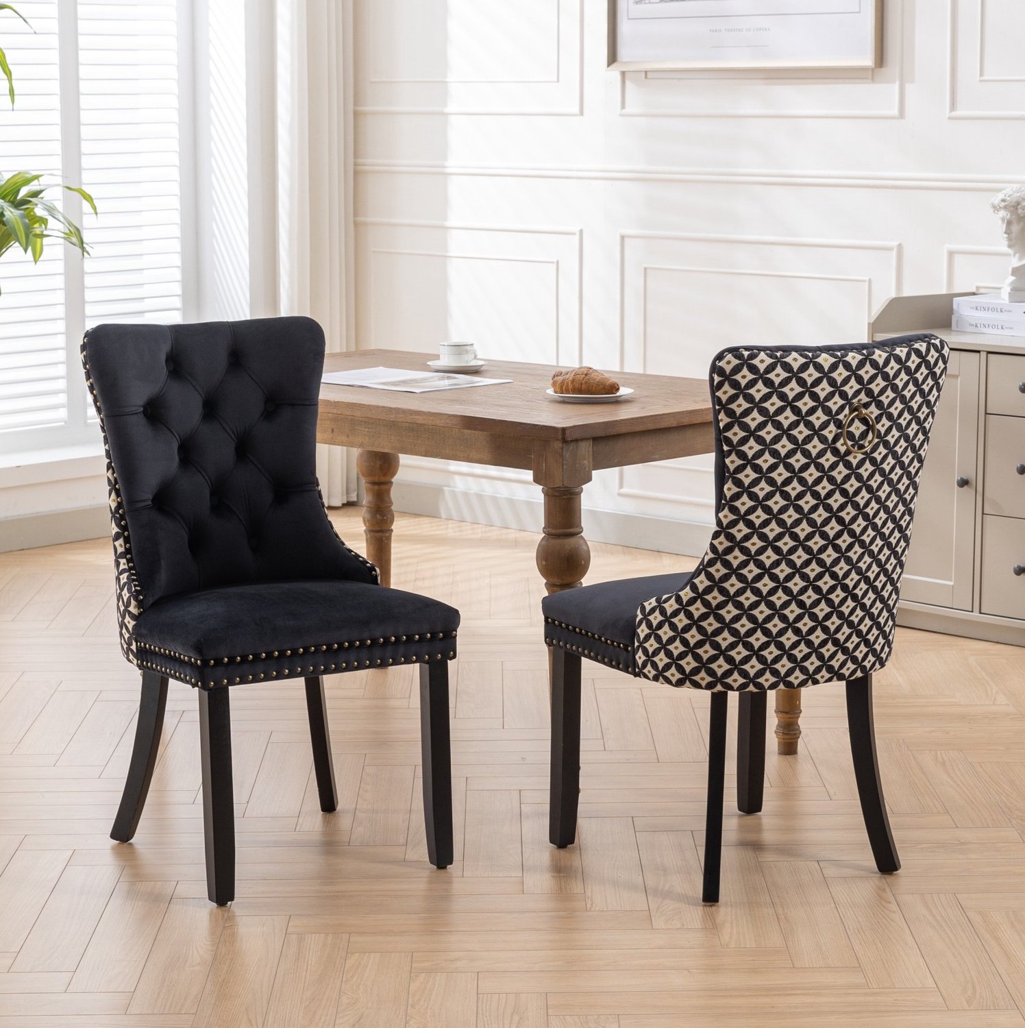 MIVRAY Eetkamerstoelen Set van 2 - Gecapitonneerde Rugleuning Metalen Trekring - Fluweel Hout - Zwart