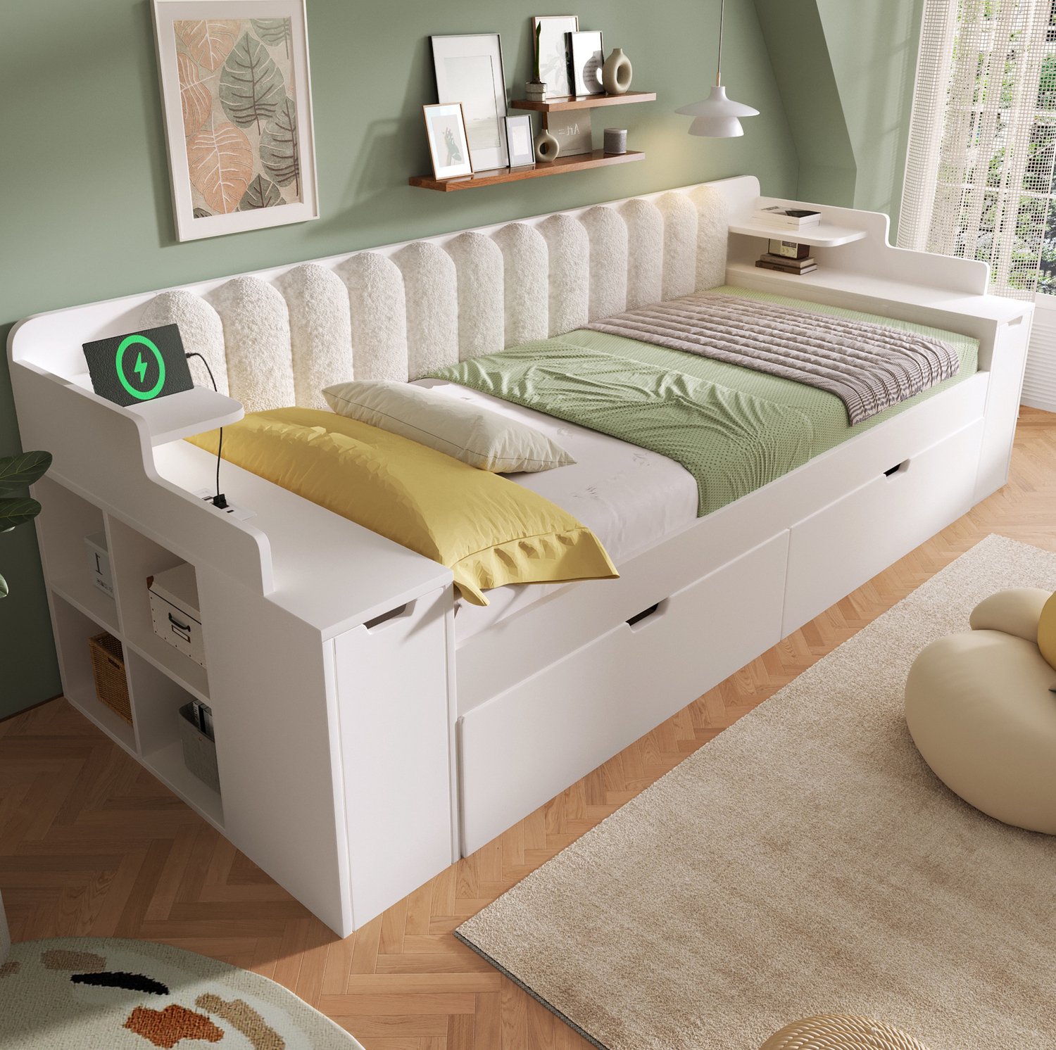 OKWISH Bedbank 90x200 cm - Dagbed met Uitschuifbed en Lattenbodem - Opbergruimte en Oplaadpunten - Zachte Rugleuning - Zonder Matras - Wit