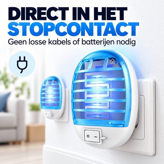 Blauwe muggenlamp in stopcontact, geen kabels nodig. Tekst: Direct in het stopcontact.