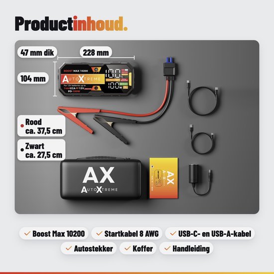 Productinhoud: AutoXtreme jumpstarter, startkabels, kabels, opbergkoffer en handleiding.