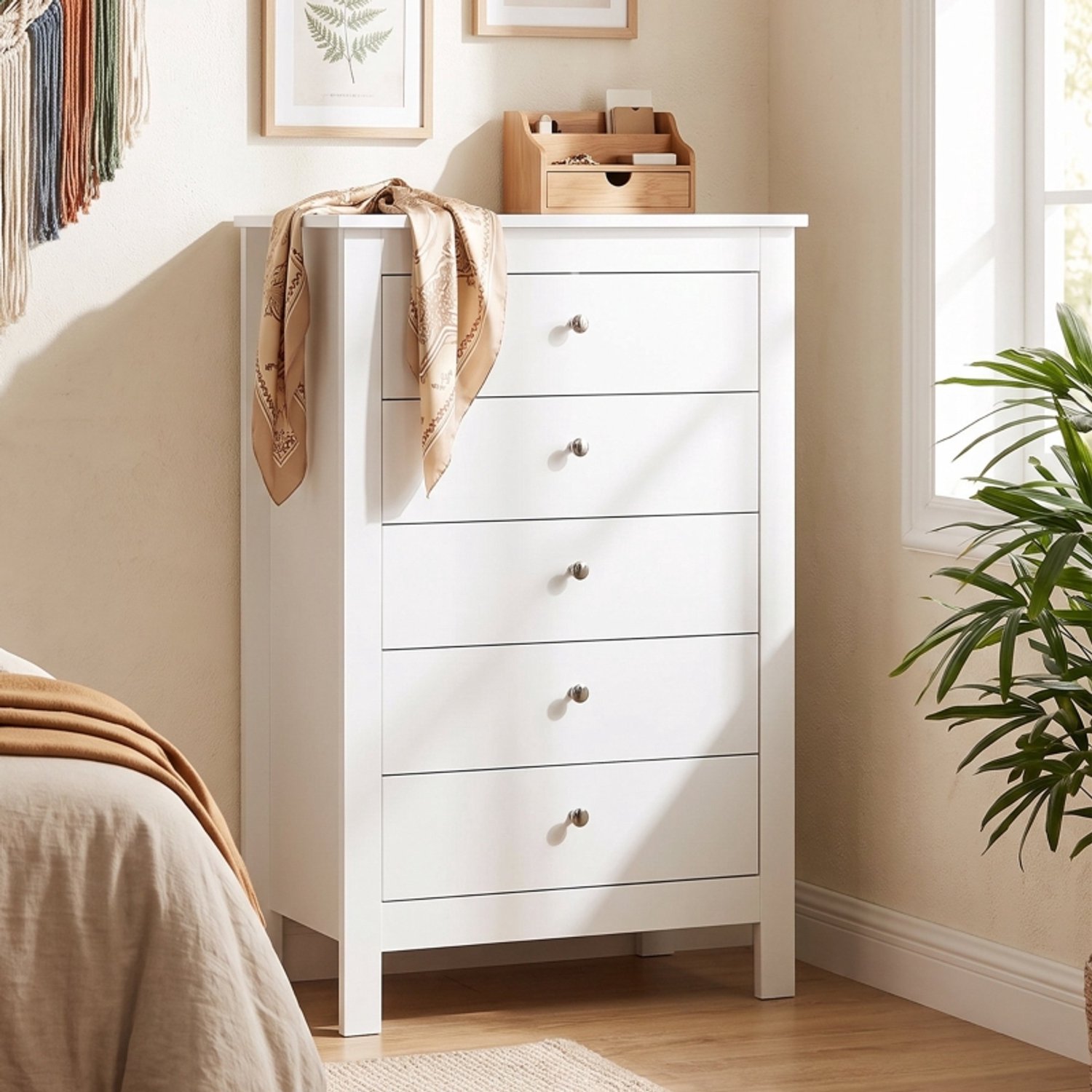 MODENUIT Ladekast - 5 Lades Met Geleiders - Voor Slaapkamer En Woonkamer - Wit MDF - 60x39,5x95,3 Cm