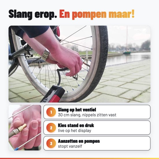 Persoon gebruikt de AutoXtreme compressor om een fietsband op te pompen. Inclusief stappenplan voor gebruik.