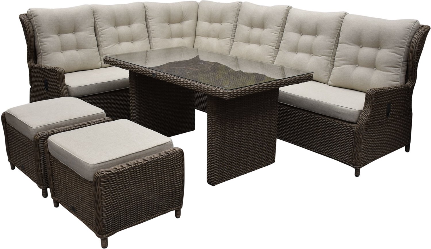 AVH-Collectie Ibiza dining hoek loungeset 7 delig verstelbaar bruin wicker | naturel mixed weave kussens Bruin / Terre