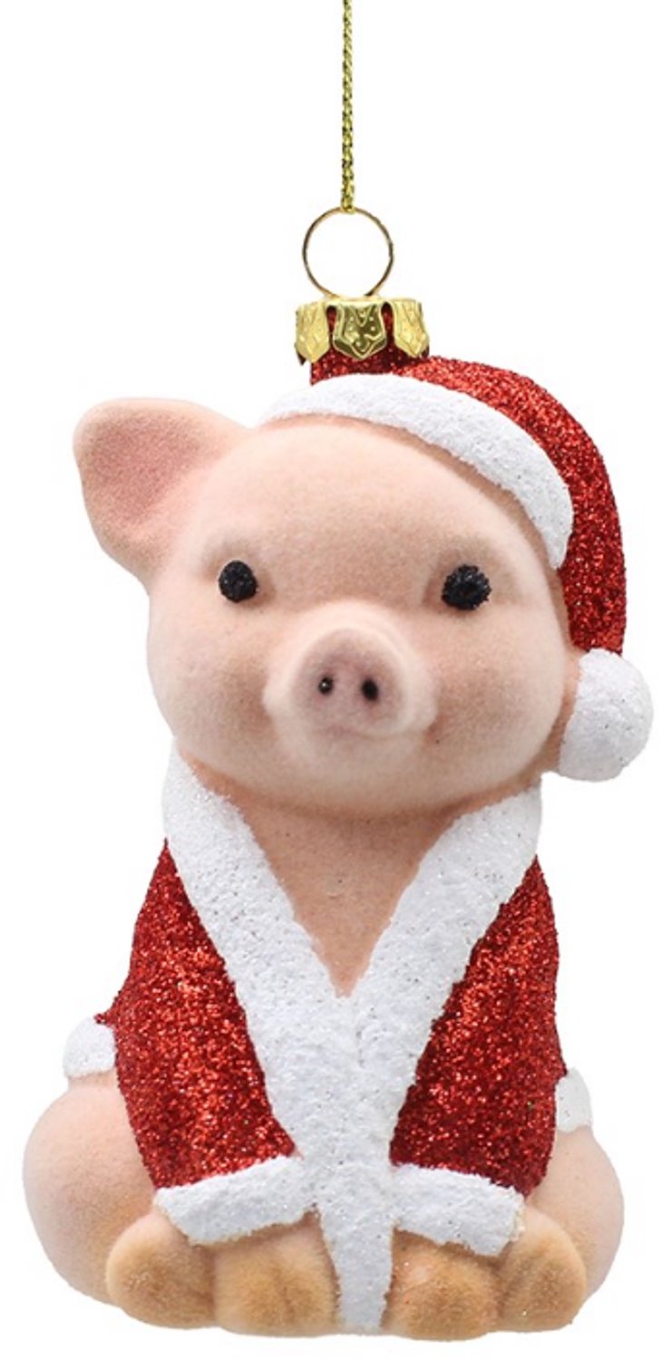 Something Different Sfeervol 'Flocked Christmas Pig' Glazen Kersthangdecoratie - Varken in Kerstmanoutfit - 10 cm Roze