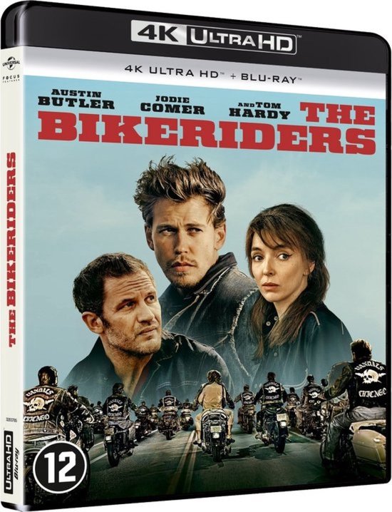 4K Ultra HD Blu-ray hoes van The Bikeriders met Austin Butler, Jodie Comer en Tom Hardy en een groep motorrijders.