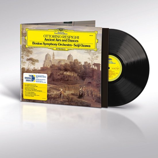 Vinylplaat van Respighi's Ancient Airs and Dances door Boston Symphony Orchestra, inclusief 'The Original Source' sticker.