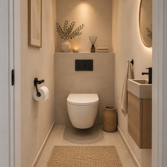 Modern toiletinterieur in beige tinten met matzwarte toiletrolhouder, zwevend toilet en houten wastafelmeubel.
