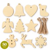 Giftmas Houten Kerstballen – Kerstversiering voor Binnen – Kerstbal van Hout – Kerst – 10 Vormen - ⌀7,5cm – 50 Stuks