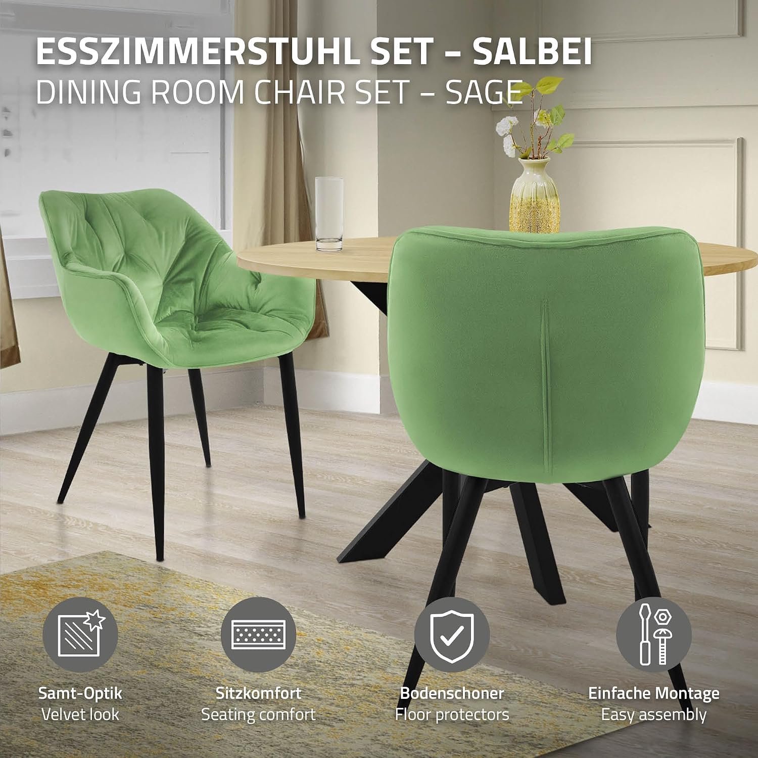 Saliegroene Velvet Eetkamerstoelen met Armleuningen – Set van 2, Ergonomische Gestoffeerde Keukenstoelen met Zwarte Metalen Poten, Gewatteerde Rugleuning, Fluwelen Bekleding, 120 kg Draagvermogen, 43 x 67 x 83 cm