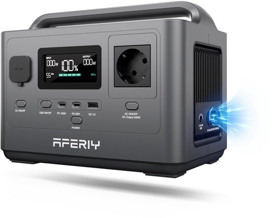 Aferiy draagbaar powerstation in donkergrijs met LCD-scherm, diverse outputpoorten en ingebouwd stopcontact.