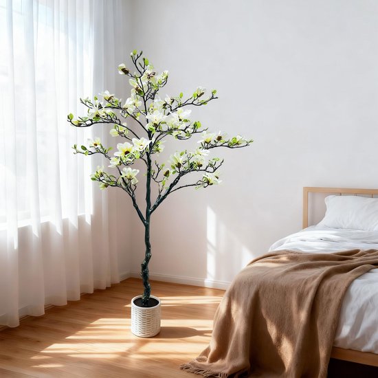 Kunstmatige Magnoliaboom 180 cm – 6 ft – Met Witte Pot & Realistische Witte Bloemen – Weerbestendig & UV-bestendig – Inclusief Bloempot – Onderhoudsvrij – Voor Woonkamer, Kantoor & Terras