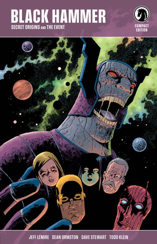 Cover van Black Hammer: Secret Origins and the Event met een gigantisch paars ruimtewezen boven vijf superhelden.
