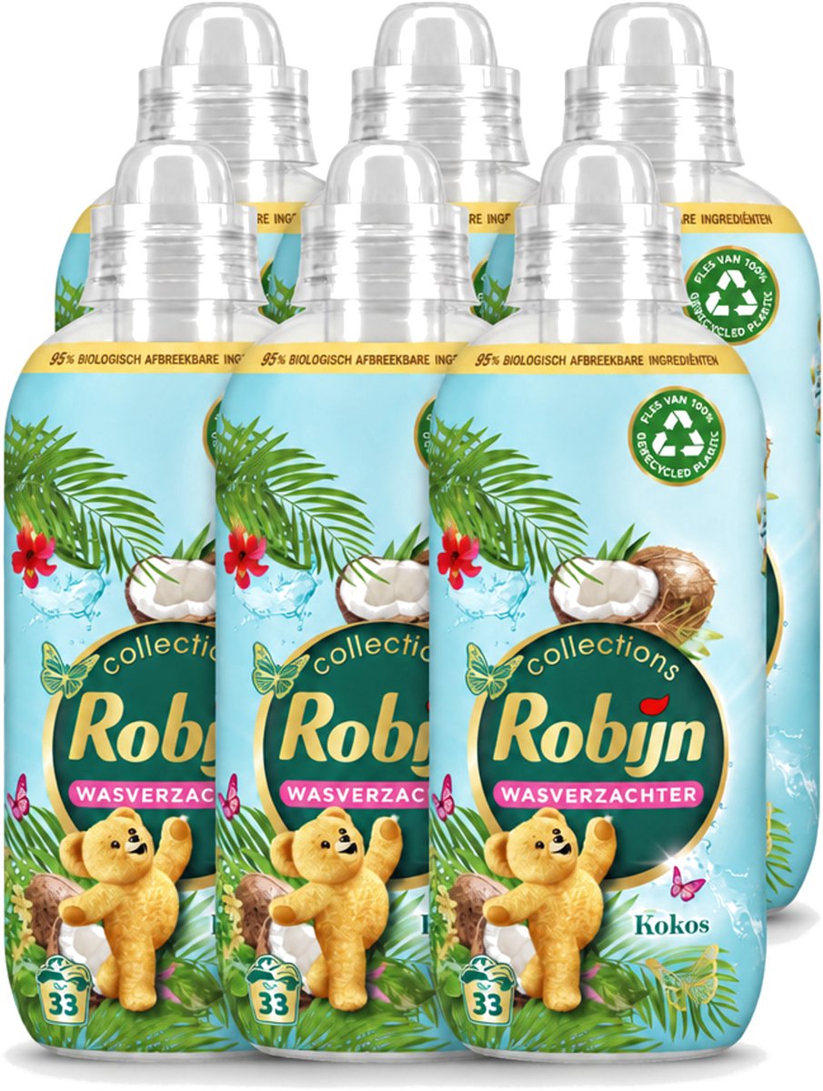 6 x Robijn - Kokos Sensation - Wasverzachter - Tropische Geur - 33 Wasbeurten - 825 ml - Voordeelverpakking - 6 stuks