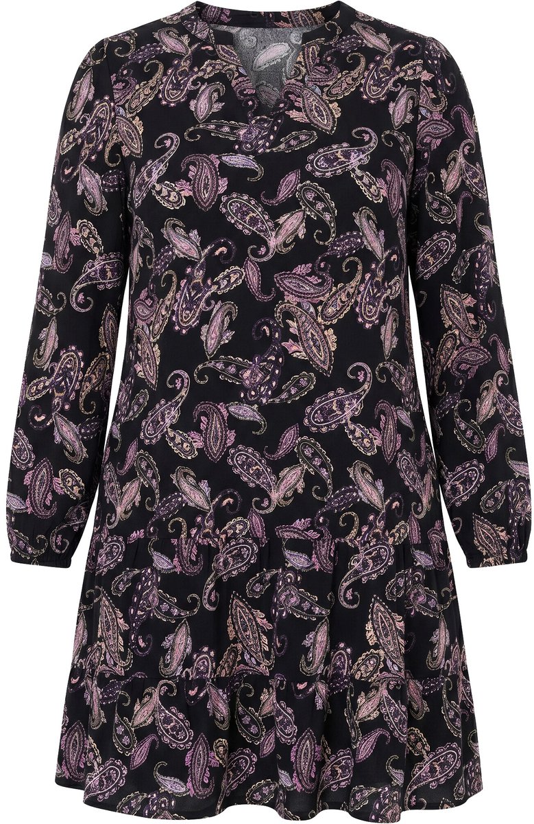 Ulla Popken Dames - Jurk paisley-patroon A-lijn V-hals lange mouwen - Zwart - Maat 42+