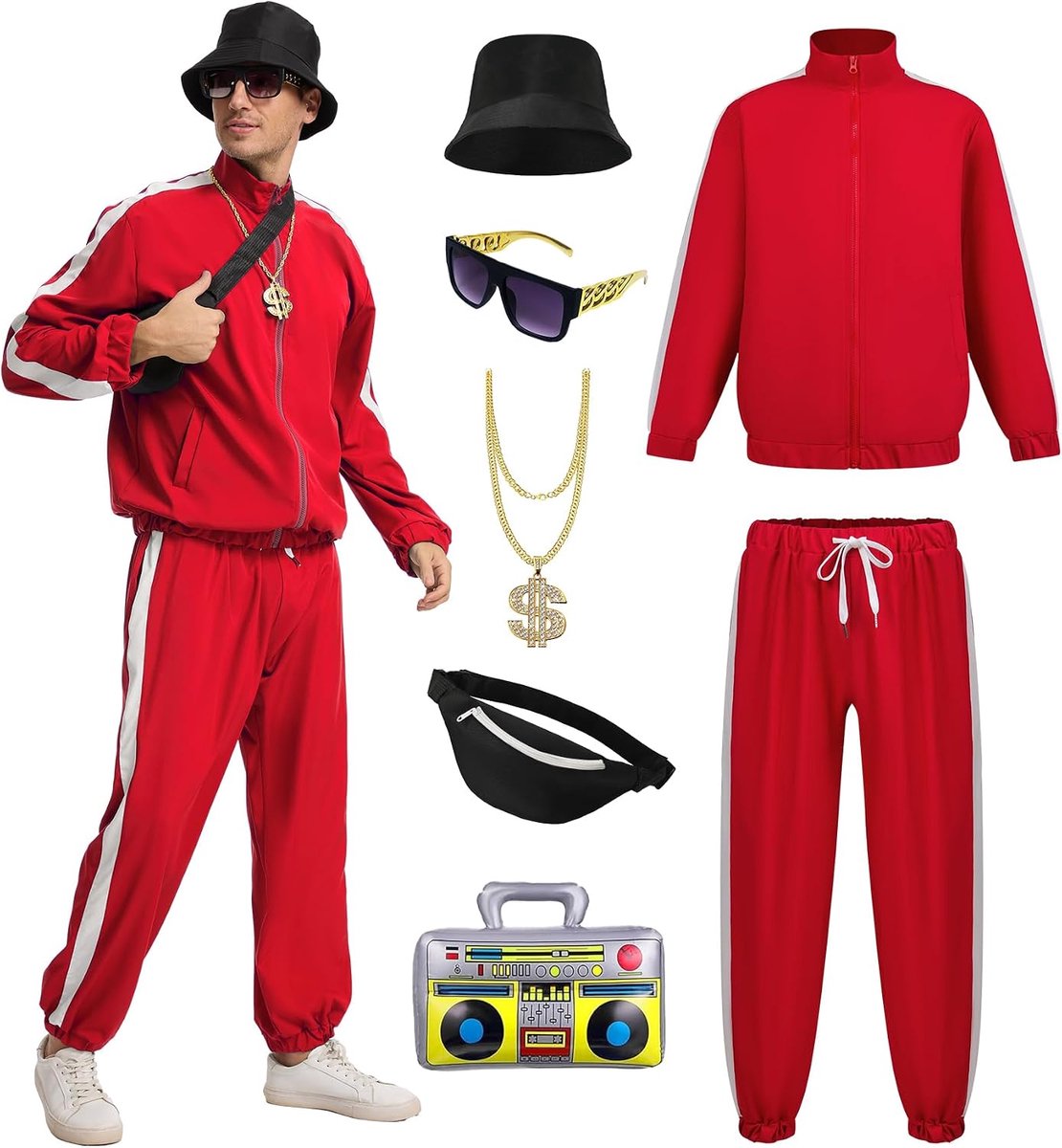 80 outfit voor heren, jaren 90 trainingspak met hiphopkostuum, accessoireset voor Halloween-themafeest