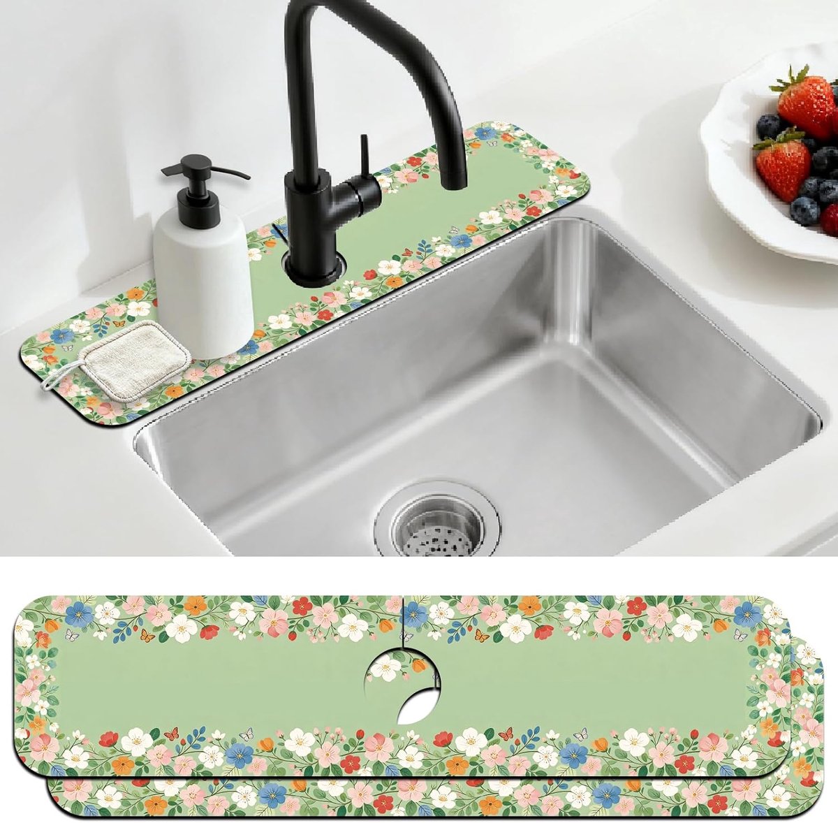 2 Stks Aanrecht Splash Guard Kraan Mat Groene Krans Kraan Mat voor Gootstenen Krans Grens Absorberende Droogmatten voor Keuken Badkamer, 23,6x5,5 inch