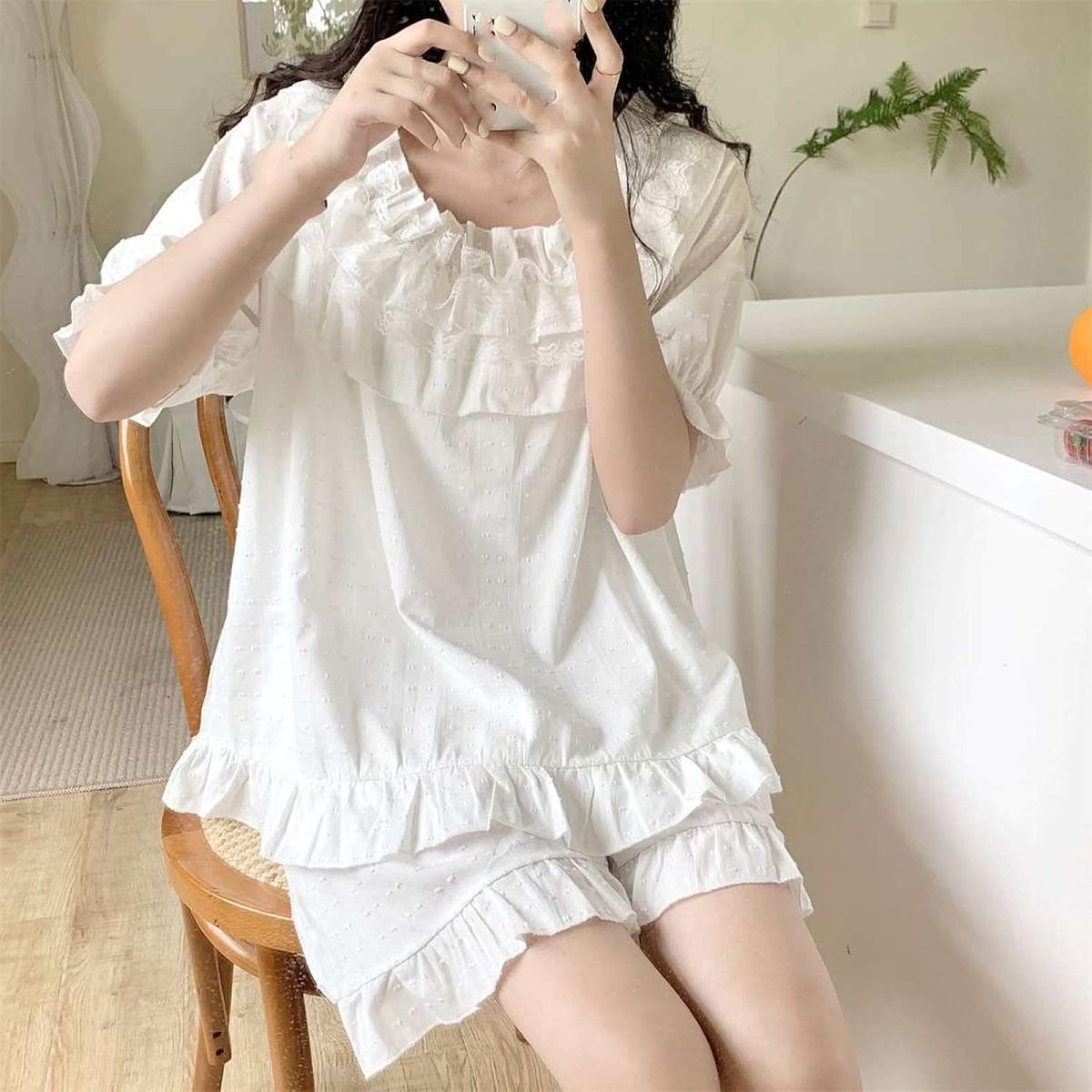 Effen Kleur Katoenen Pyjama Set Met Vierkante Hals - Zomer Zoete Gegolfde Loungewear Nachtkleding Set, Elegante En Schattige Girly Homewear Casual Korte Mouw Shorts Sleepshirt Set, Wit, Één M