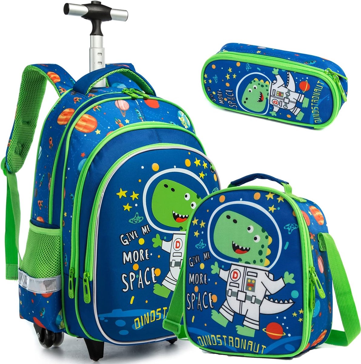 Meisjes schooltas trolley, schoolrugzak meisjes tieners 3 stuks 17 inch kinderschooltrolley geschikt voor school en reizen, etenszak en pennenetui, rode eenhoorn rolrugzak, groen 220414-l, 17"