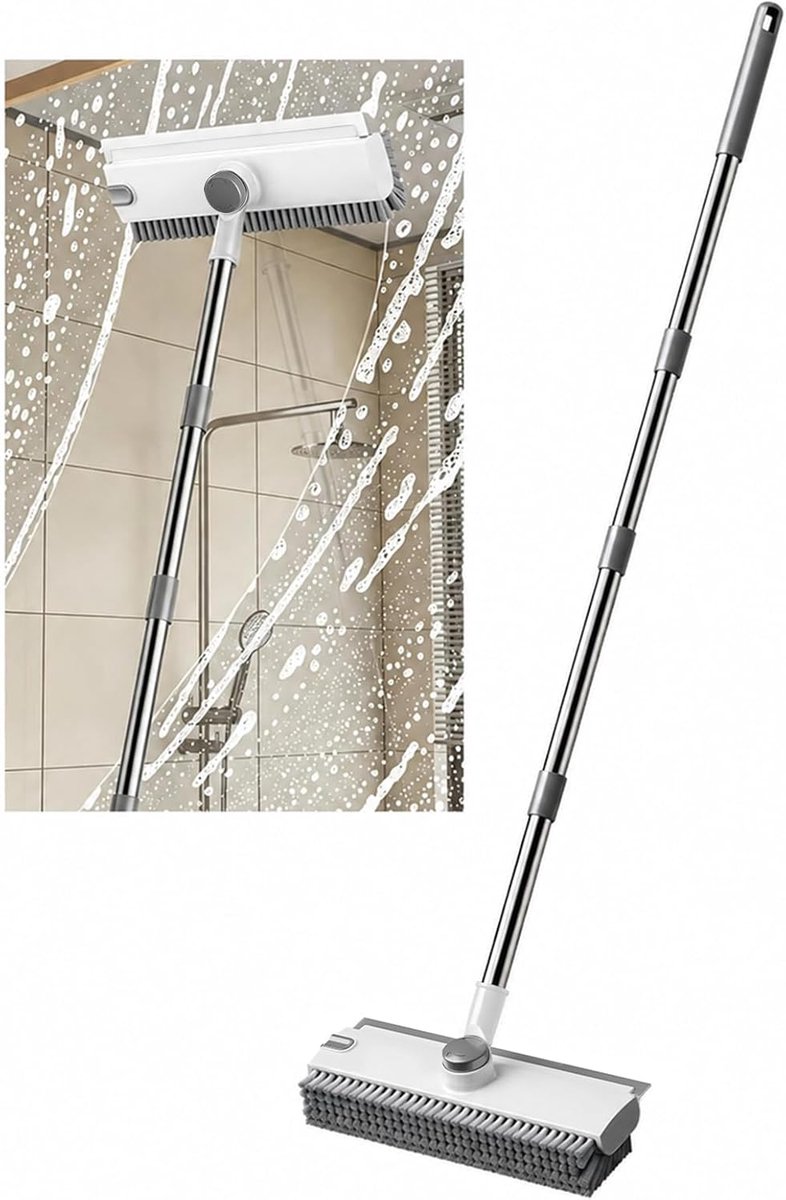 Voegenborstel met steel, voegenreiniger voor badkamer, douche, tegels, V-vormige borstel met aftreklip, 360° draaibare kop, 2-in-1 vloerschrobber met 134 cm lange steel voor moeilijk bereikbare