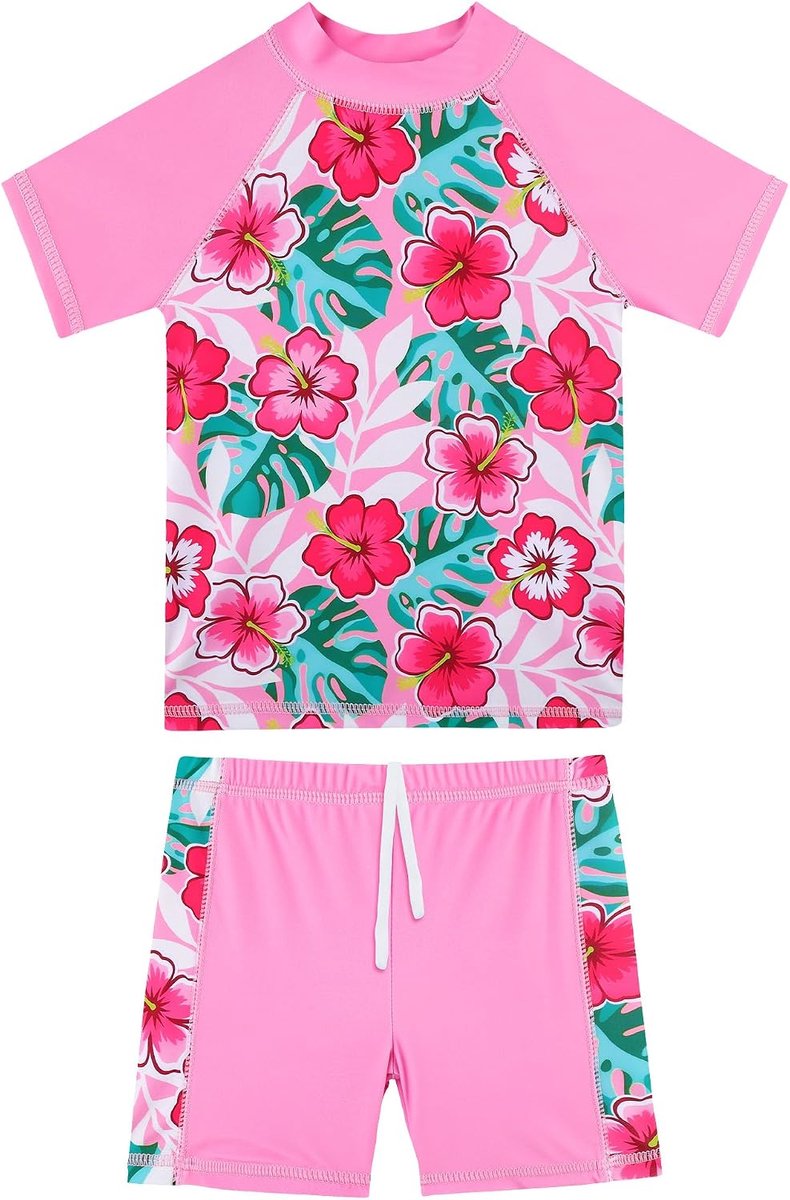 Badpak voor meisjes, tweedelig, korte mouwen, shorty, uv-bescherming, UPF 50+, sneldrogend, comfortabel badpak, zwemkleding, maat 2-16 jaar