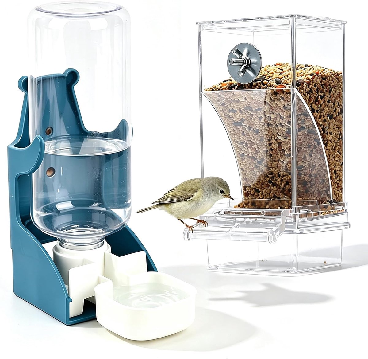 Voederdispenser voor vogels en waterdispenser, transparante acryl vogelvoederdispenser en vogelbad, vogelkooi-accessoires voor parkieten, kanarieën, parkieten, vinken