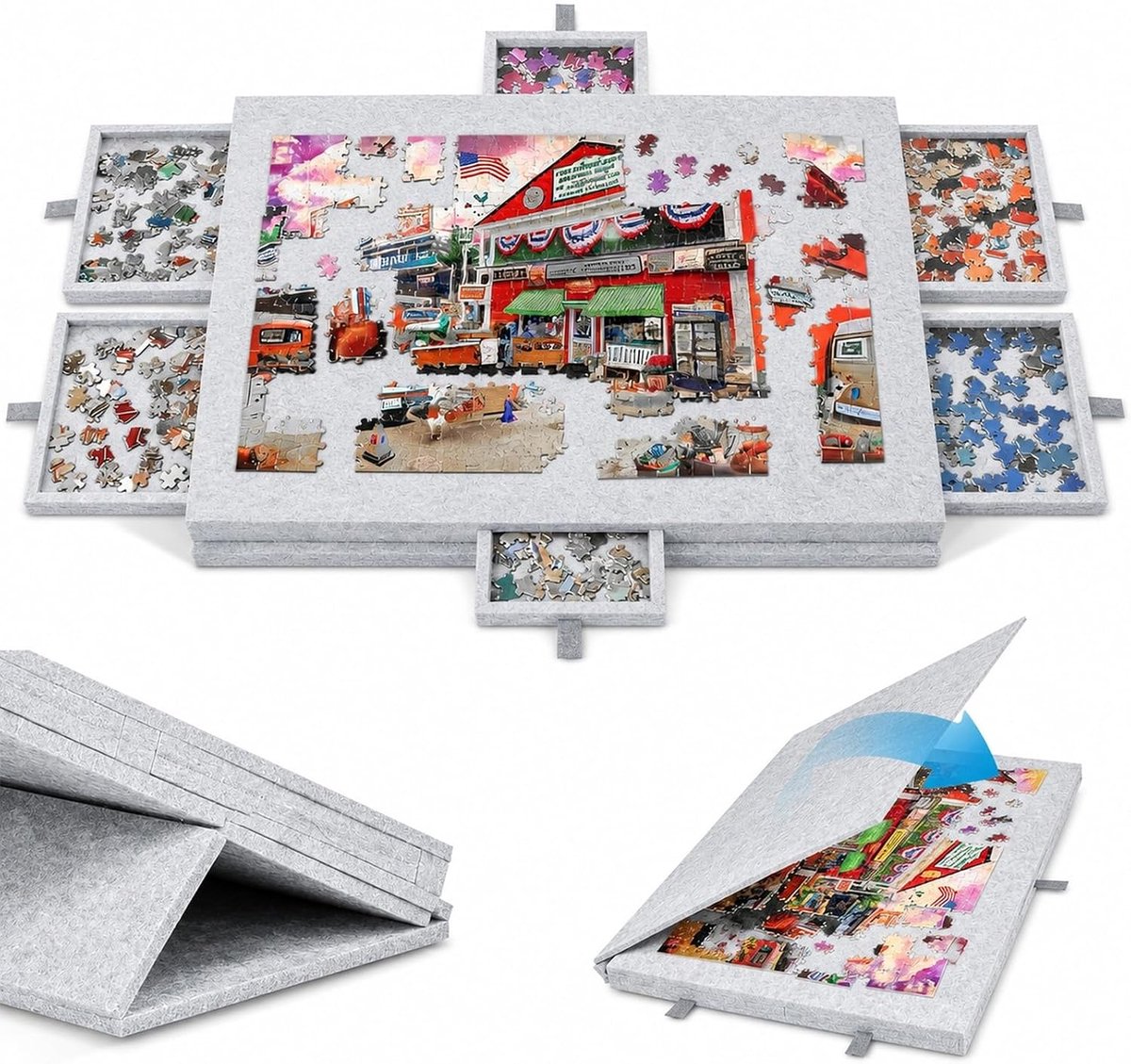 Puzzelbord met 6 gekleurde sorteervakken, 2-in-1 puzzeltafel en afdekking, puzzelplank voor maximaal 1000 stukjes, inklapbaar en antislip (zilvergrijs)