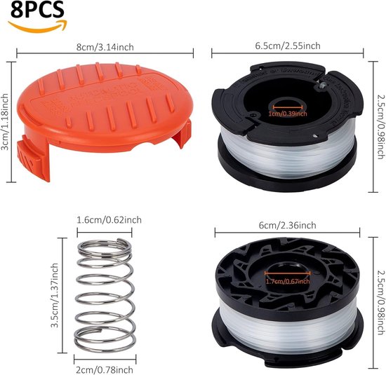 Spoelen voor bosmaaier, 6 stuks nylon spoelen draad en afdekkap en veer voor Black Decker grastrimmer, 1,65 mm diameter, 9,14 m — afbeelding 2