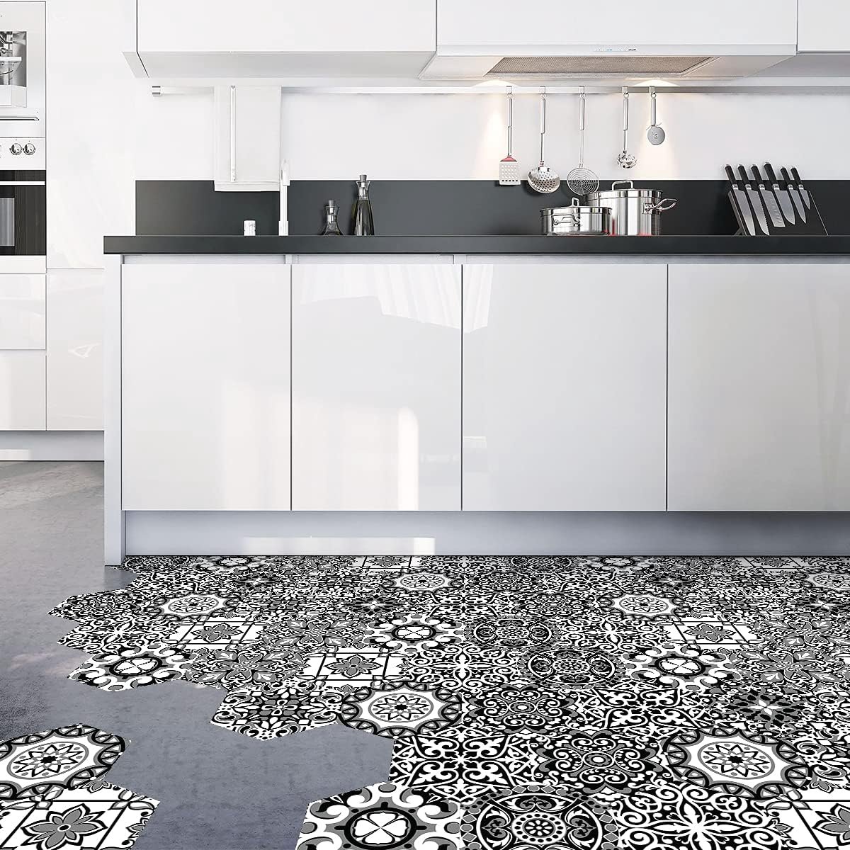 Sticker Cementtegels voor vloer – Azulejos met laminaat van kunststof, antislip, zelfklevende stickers, zeshoekige tegels, waterbestendig, 10 stuks, 20 x 18 cm